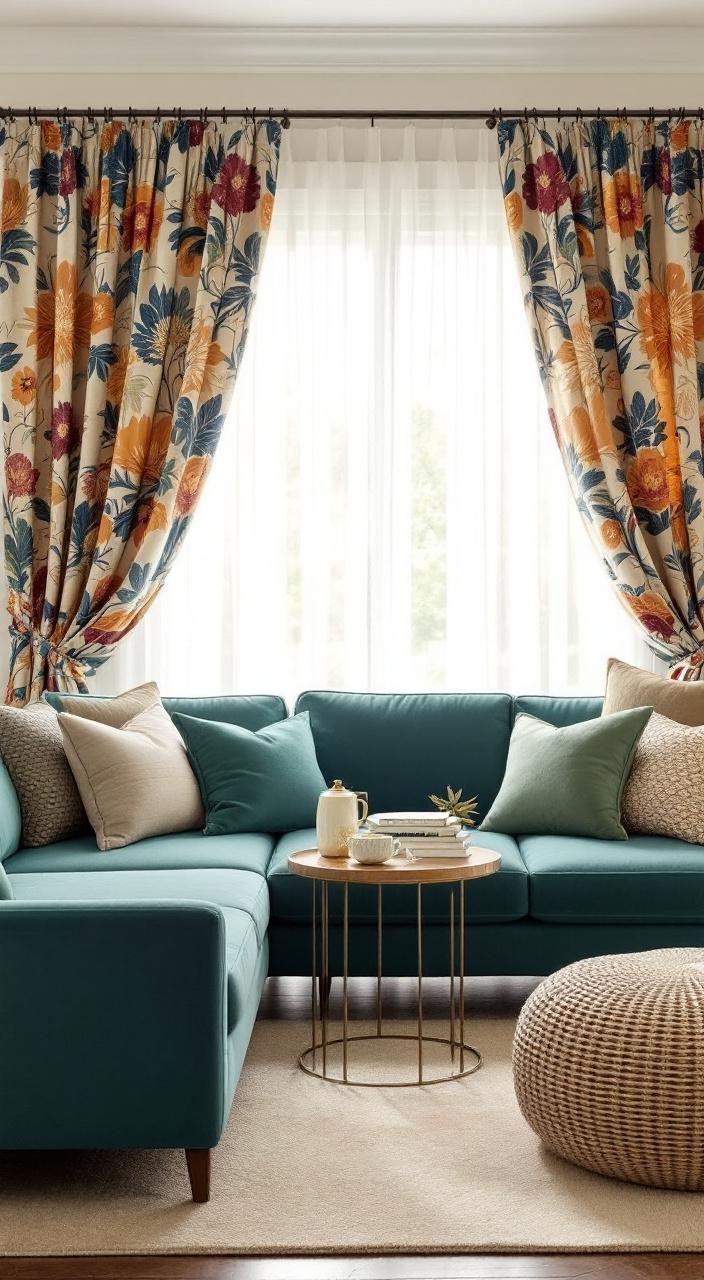 Colorful patterned curtains in a living room, enhancing decor with floral and geometric designs.