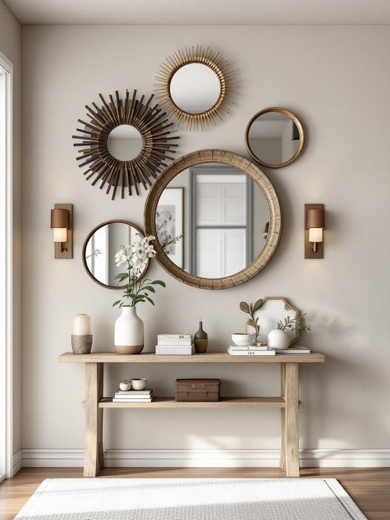 Round mirrors in a welcoming entryway, enhancing style and creating a dynamic, artistic wall arrangement.