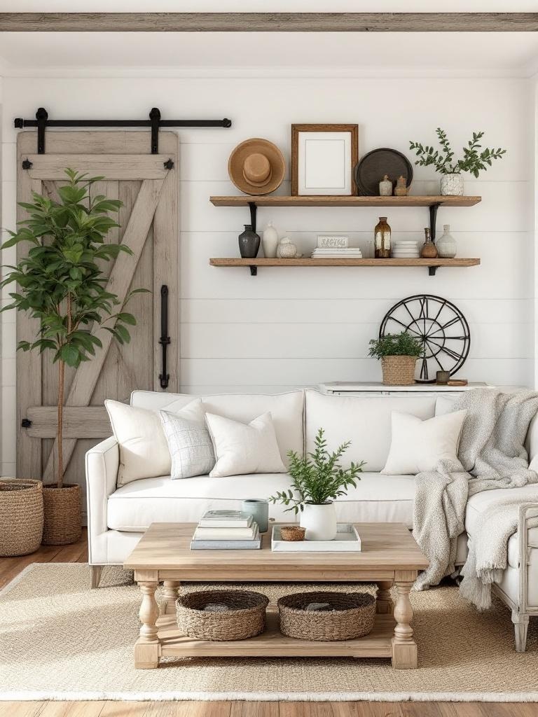 Cozy living room with barn doors, reclaimed wood shelves, and vintage decor for a rustic farmhouse feel.