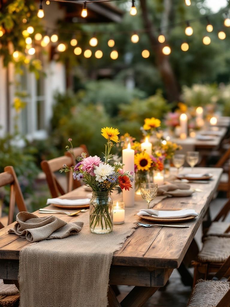 Rustic summer gathering with wooden tables, burlap runners, mason jar wildflower centerpieces, and string lights.