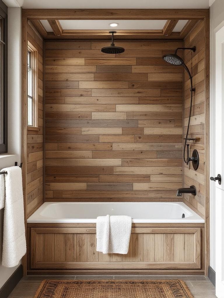 Rustic tub shower combo with wooden accents, vintage showerhead, and earthy tones for a cozy ambiance.