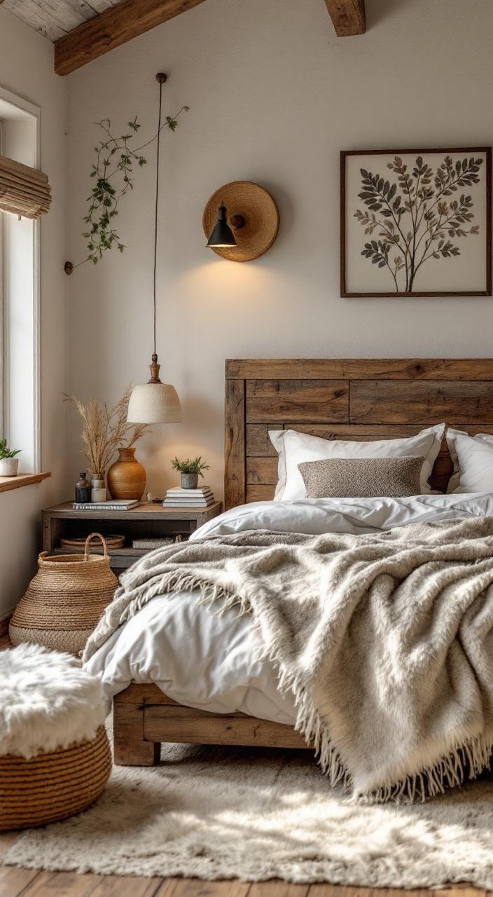 Cozy rustic bedroom with reclaimed wood, earthy tones, handmade furniture, and natural decor accents.