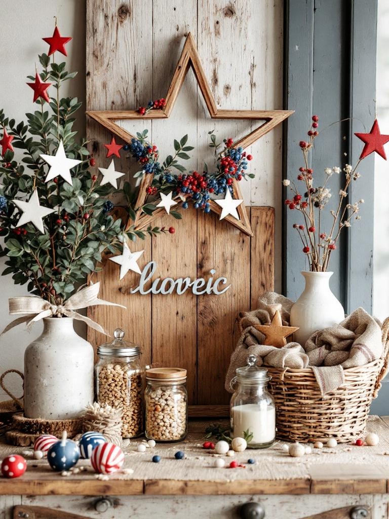 Rustic decor with wooden accents, red, white, and blue colors for a cozy summer gathering atmosphere.