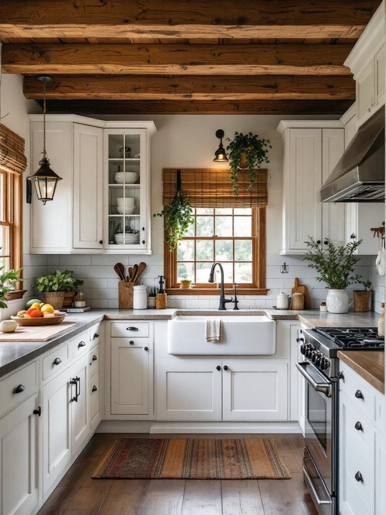 Rustic farmhouse kitchen with distressed white cabinets, wooden beams, and a charming farmhouse sink.