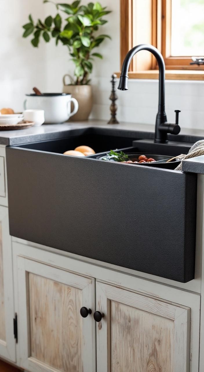 A rustic farmhouse sink in dark finish, paired with a vintage-style faucet, enhances kitchen charm.