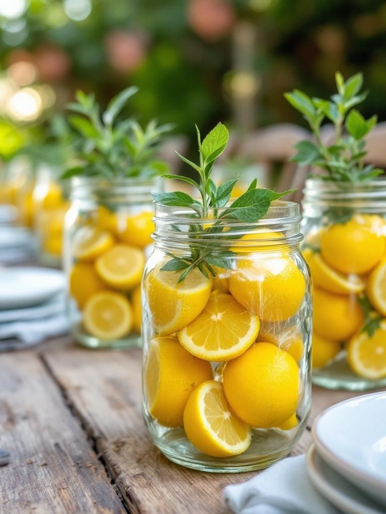 Mason jars filled with lemons and topped with sprigs of greenery for a rustic farmhouse table display.