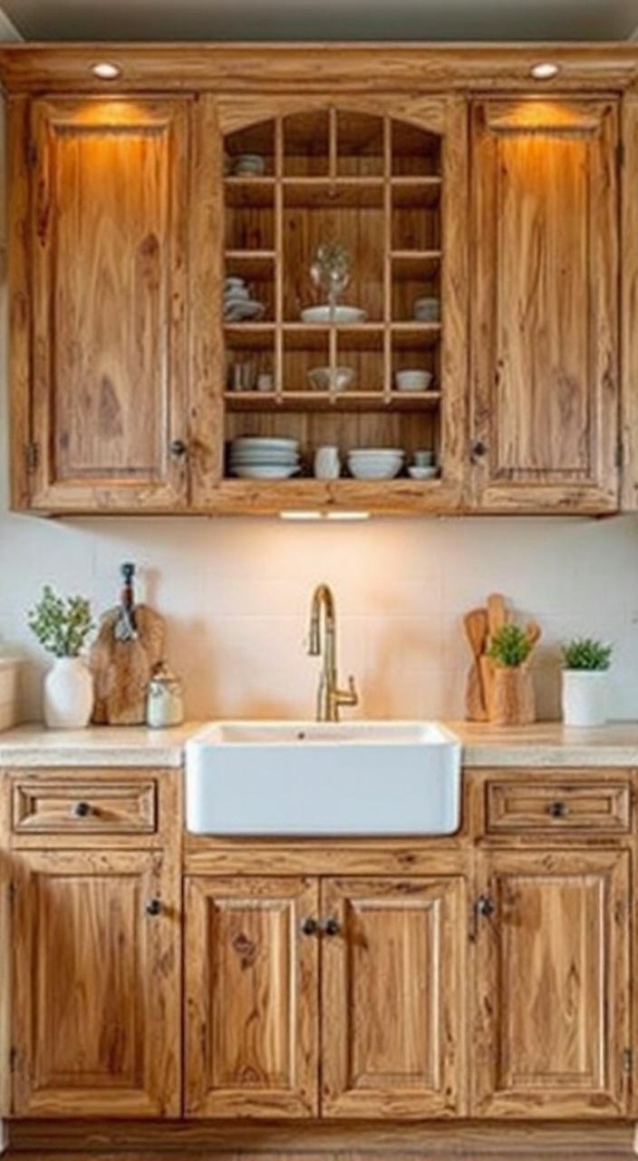 Rustic oak cabinets with a distressed finish, creating a warm, charming kitchen atmosphere with durability.