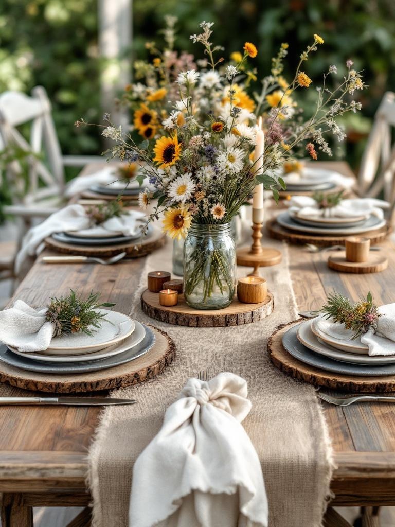 Rustic summer tablescape with burlap runner, wooden chargers, vintage dishes, and wildflower centerpieces.