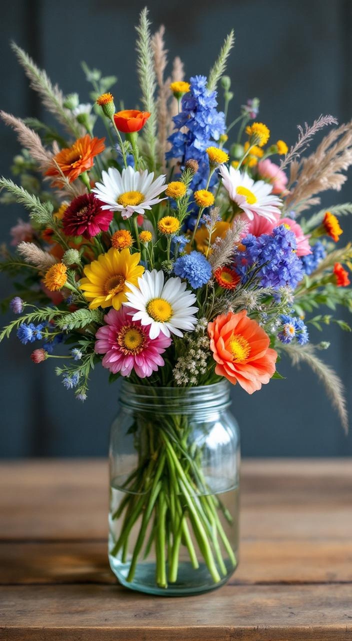 Rustic wildflower bouquet in mason jar featuring daisies, cornflowers, poppies, and grasses.