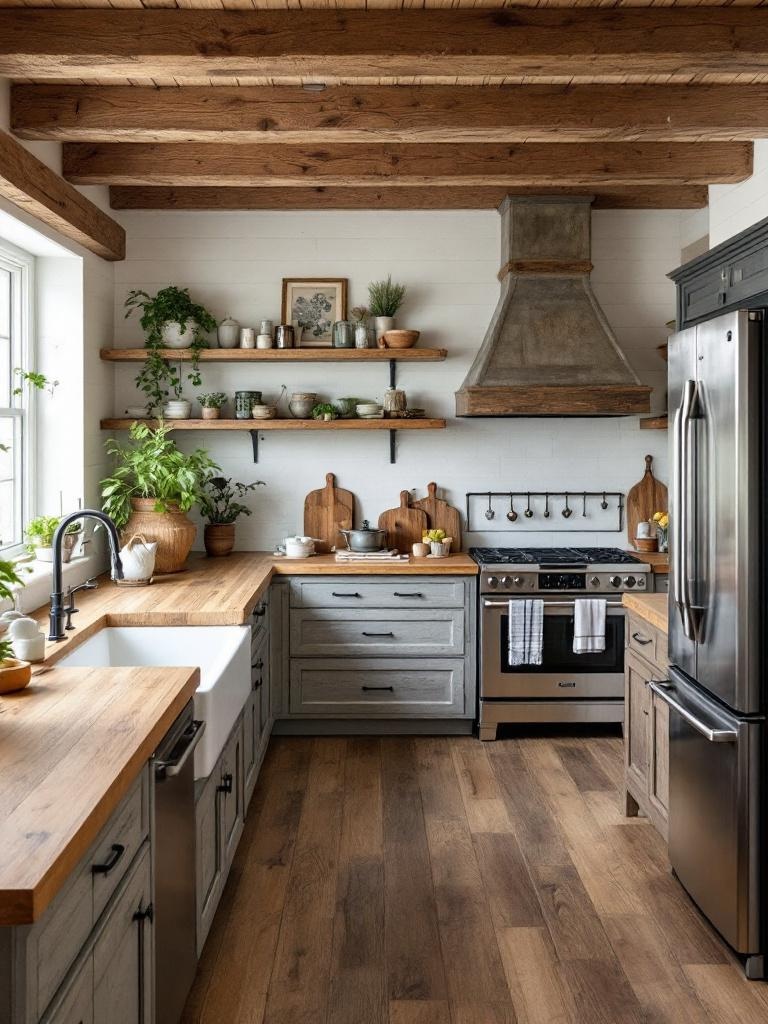 Farmhouse kitchen with wooden beams, butcher block countertops, and rustic reclaimed wood accents.