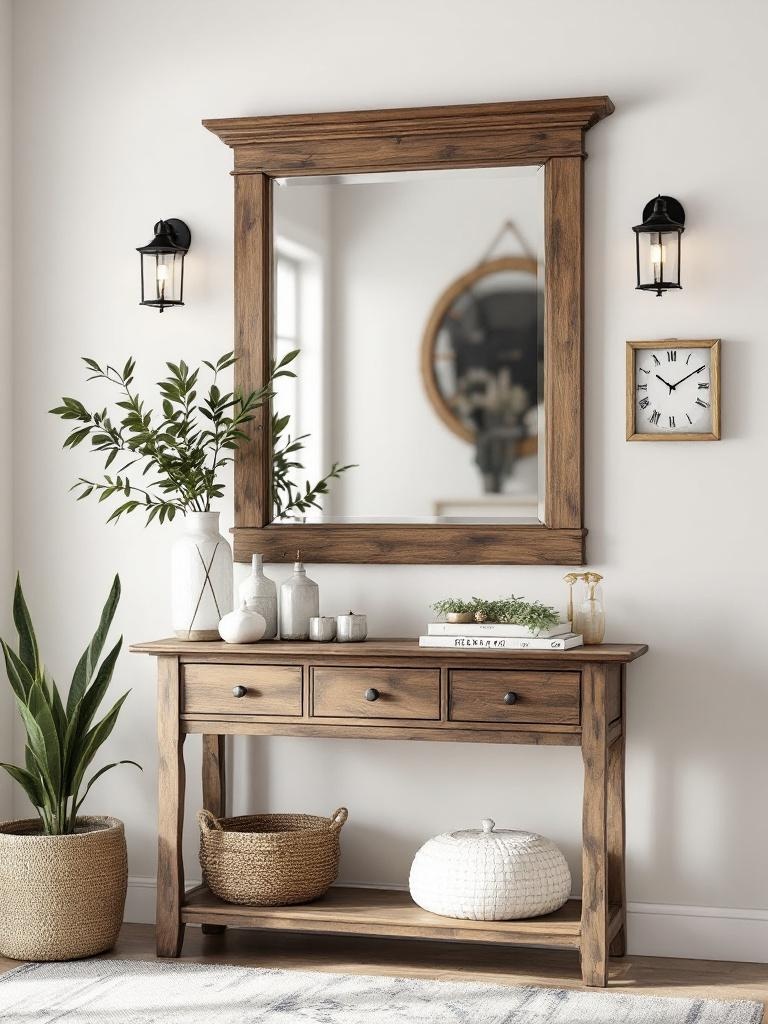 Rustic wood-framed mirror above a console table with decorative items, creating a cozy entryway aesthetic.