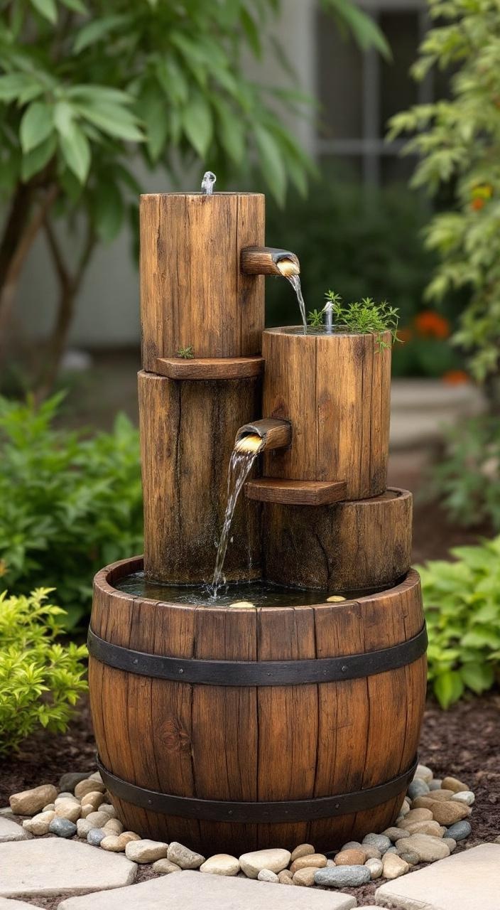 Rustic wooden barrel fountain with water flowing, surrounded by decorative stones in a charming garden.