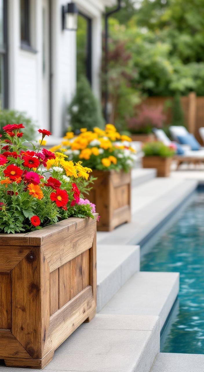 Wooden planters filled with vibrant flowers on a pool deck, enhancing the natural outdoor aesthetic.