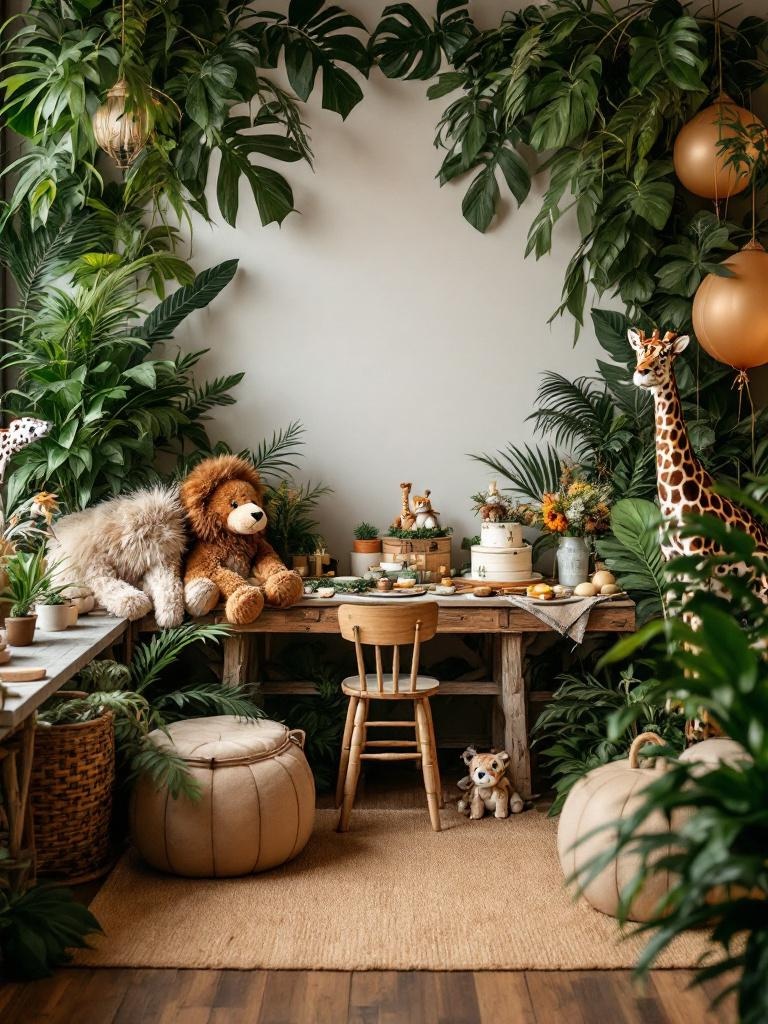 Safari-themed baby gender reveal decor with animal prints, foliage, plush animals, and photo booth props.