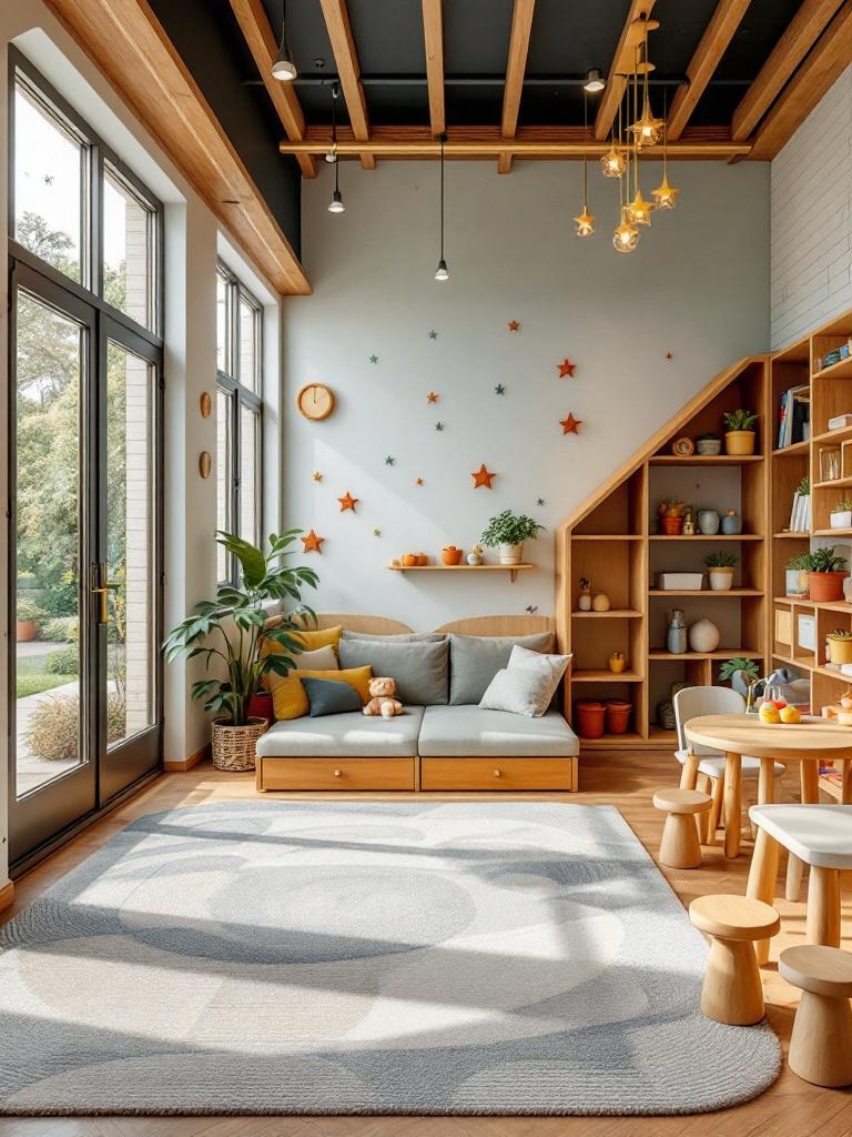 Safe and engaging daycare play area with non-toxic structures, soft flooring, climbing equipment, and sandboxes.