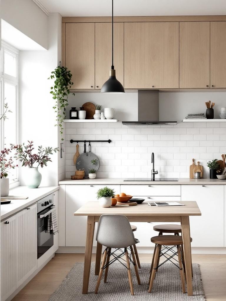 Scandinavian kitchen with white cabinets, light wood accents, minimalist decor, and natural light.