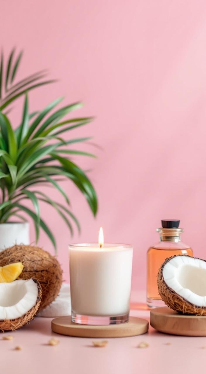 Tropical scented candles and oils with coconut, pineapple, and frangipani for a relaxing summer vibe.