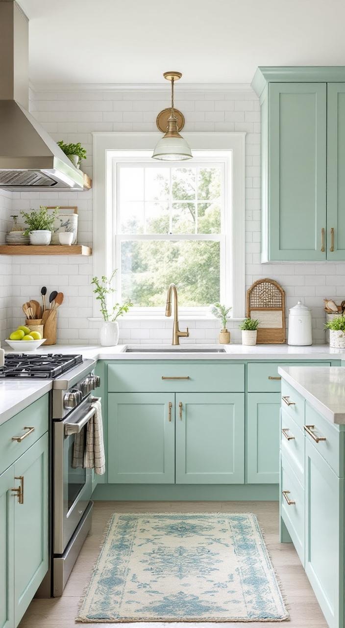 Seafoam green kitchen cabinets with white countertops and coastal decor create a tranquil, breezy atmosphere.