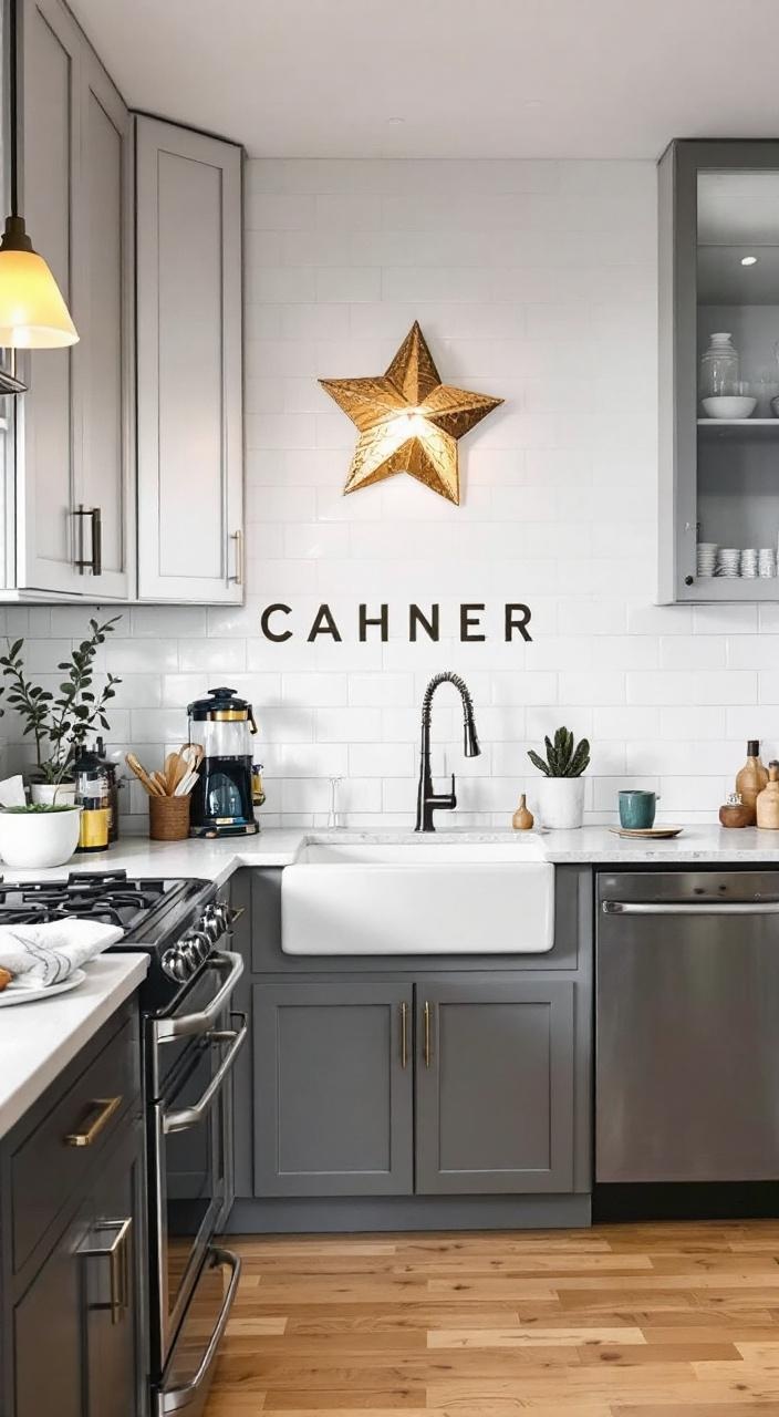 Image of updated rental fixtures like cabinet handles and light fixtures enhancing a stylish home space.