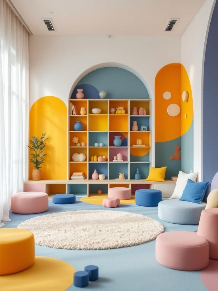 Colorful sensory play area with sand, water, and textured materials for children's cognitive development.