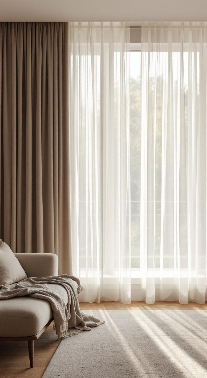 Sheer curtains draped in a living room, providing light and privacy, layered with heavier drapes.