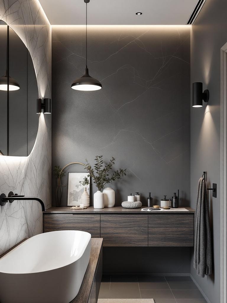 Modern Scandinavian bathroom with sleek chrome fixtures, minimalist lighting, and simple elegant designs.