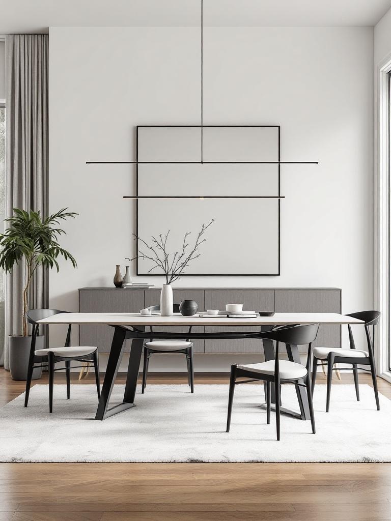 Minimalist dining room with sleek furniture, streamlined table, and simple, comfortable chairs.