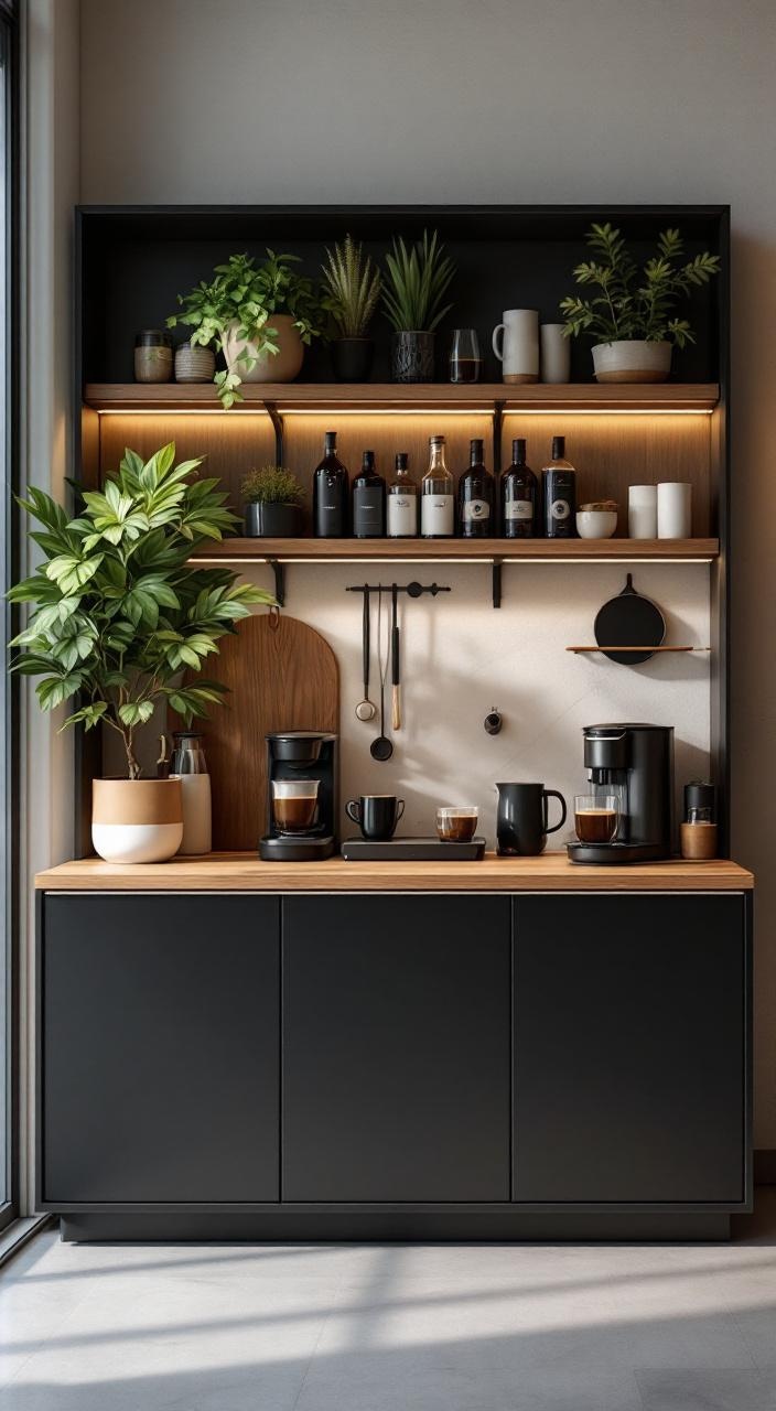 Smart coffee bar with Wi-Fi coffee maker, scales, and app for personalized coffee-making experience.