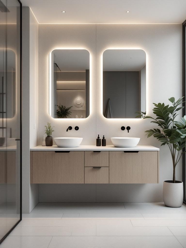 Modern bathroom with smart tech features like heated floors, smart mirrors, and Bluetooth speakers.