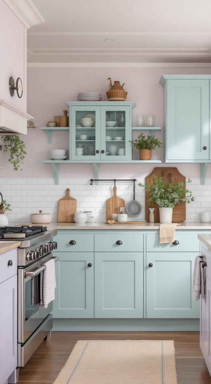 Cottage-style kitchen with soft color palette of pale blue, lavender, and creamy whites for tranquility.