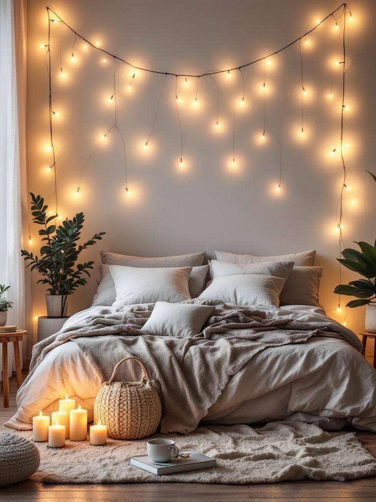 Soft lighting with fairy lights and lanterns creating a relaxing summer ambiance in a cozy bedroom.