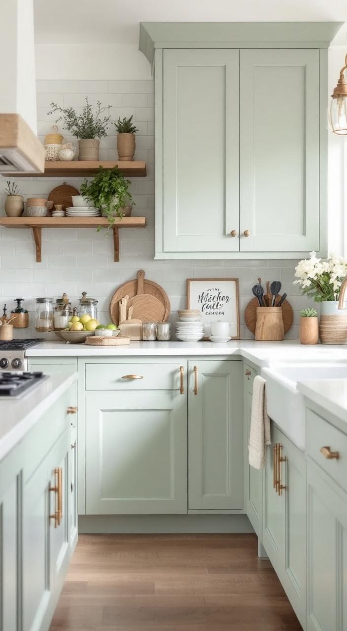 Sage green kitchen cabinets paired with light wood accents create a calming, versatile space for cooking.