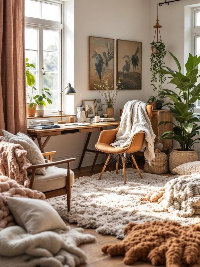 A cozy home office with soft textiles like rugs, throws, and cushions for a warm, inviting atmosphere.