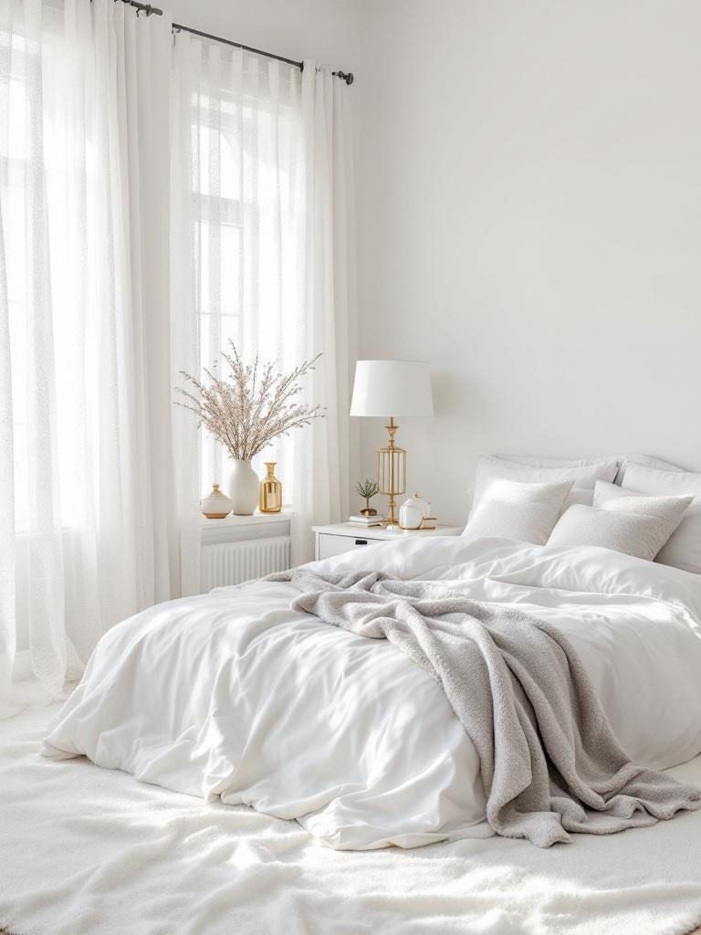 Elegant white bedroom with layered textures, gold accents, and plush decor creating a calm atmosphere.