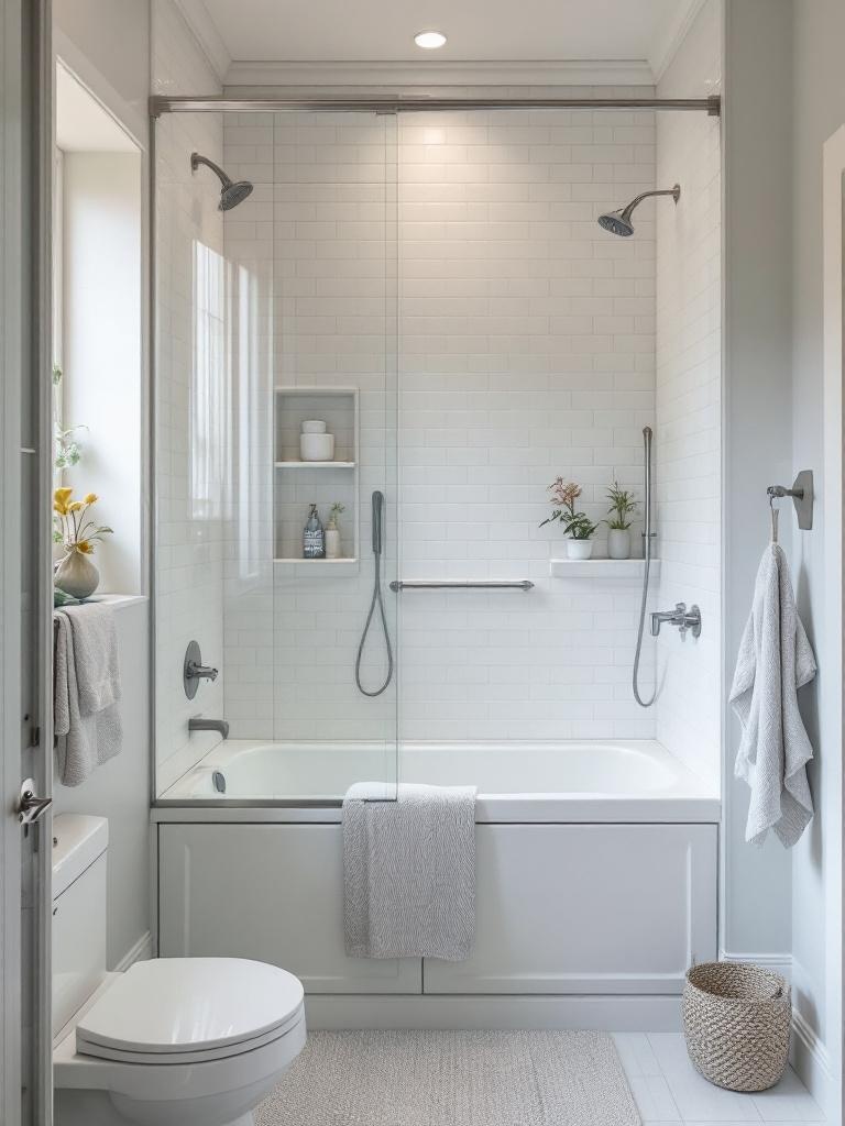 Compact tub shower combo in a small bathroom with built-in shelving, light colors, and mirrors.