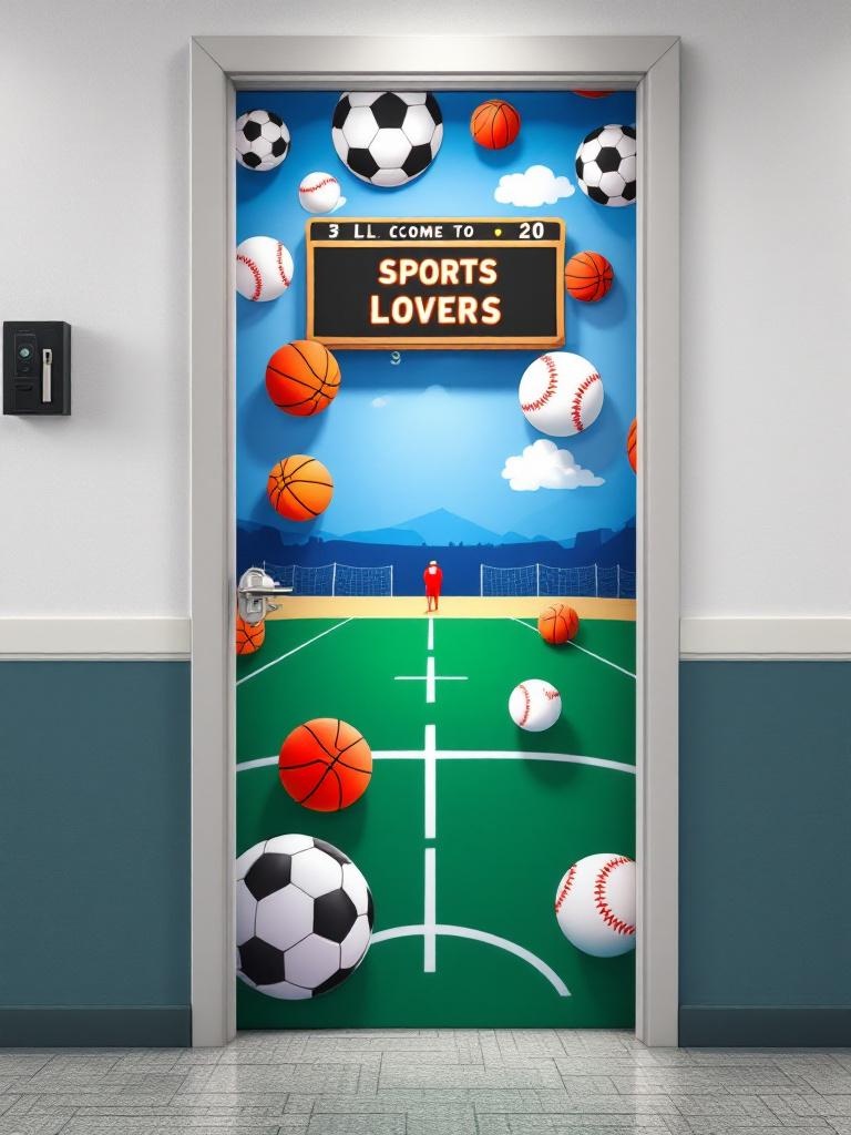 Colorful door design featuring soccer balls, basketballs, and baseballs in motion with a welcoming scoreboard.