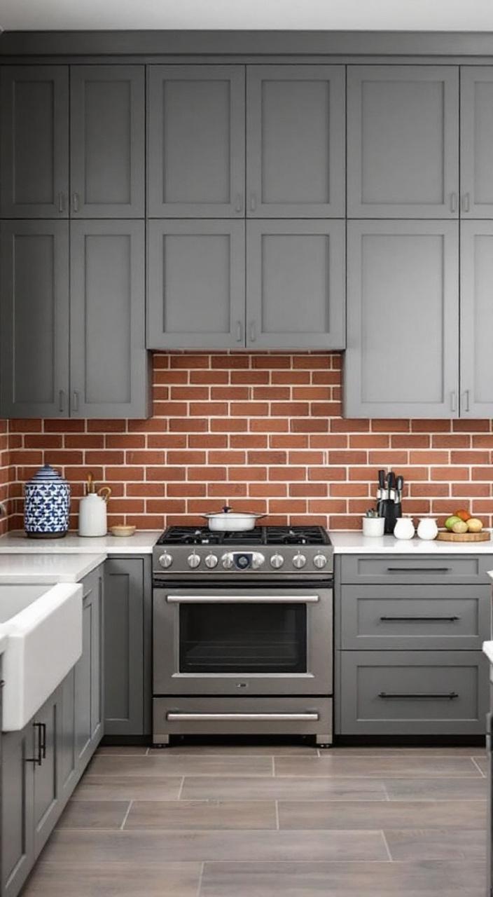 Stacked brick backsplash in a farmhouse kitchen, combining modern style with rustic charm.