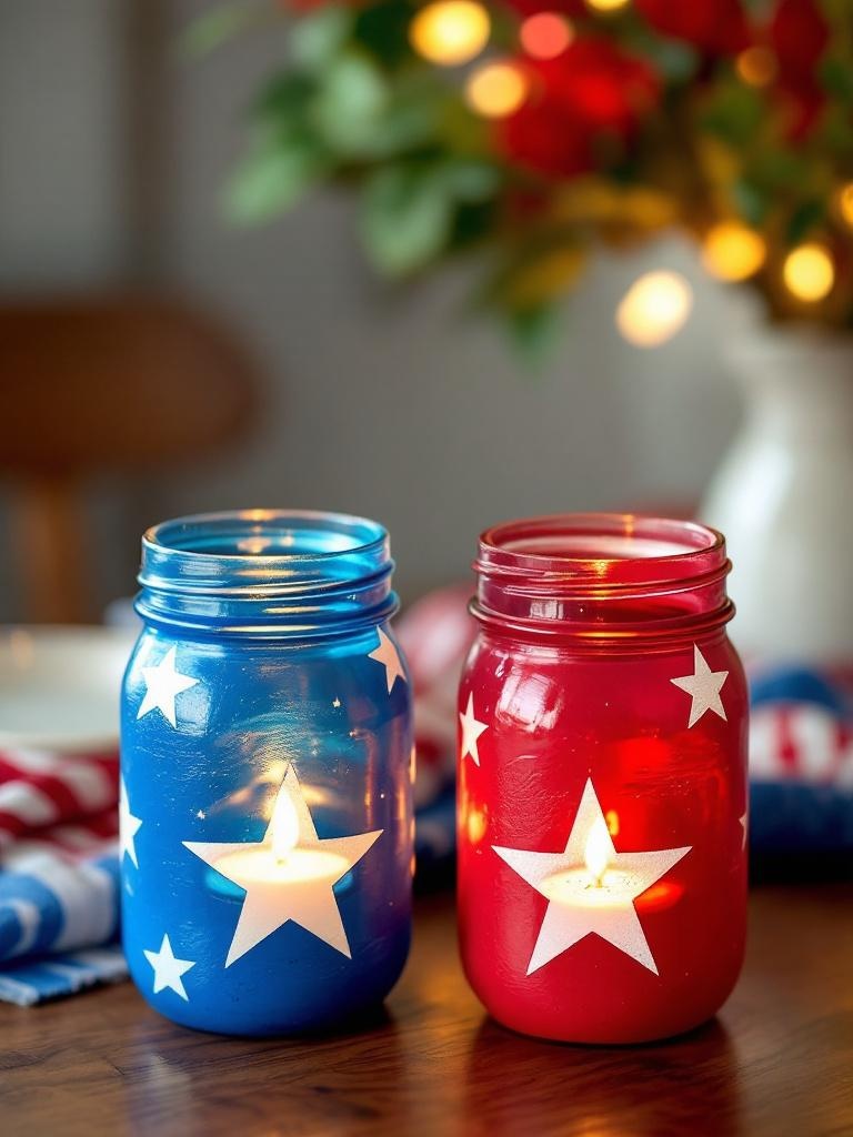 Star-spangled candle holders made from painted mason jars with candles inside, celebrating July 4th.