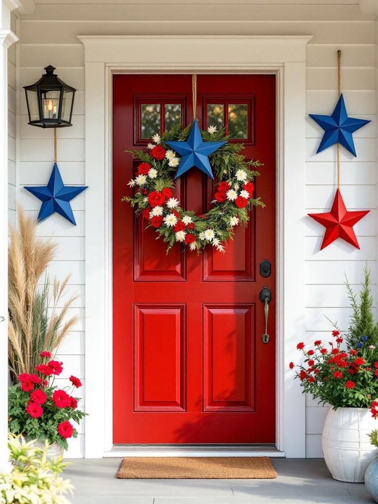 Star-themed front door decor with cutouts, wreaths, and painted wooden stars for a rustic look.