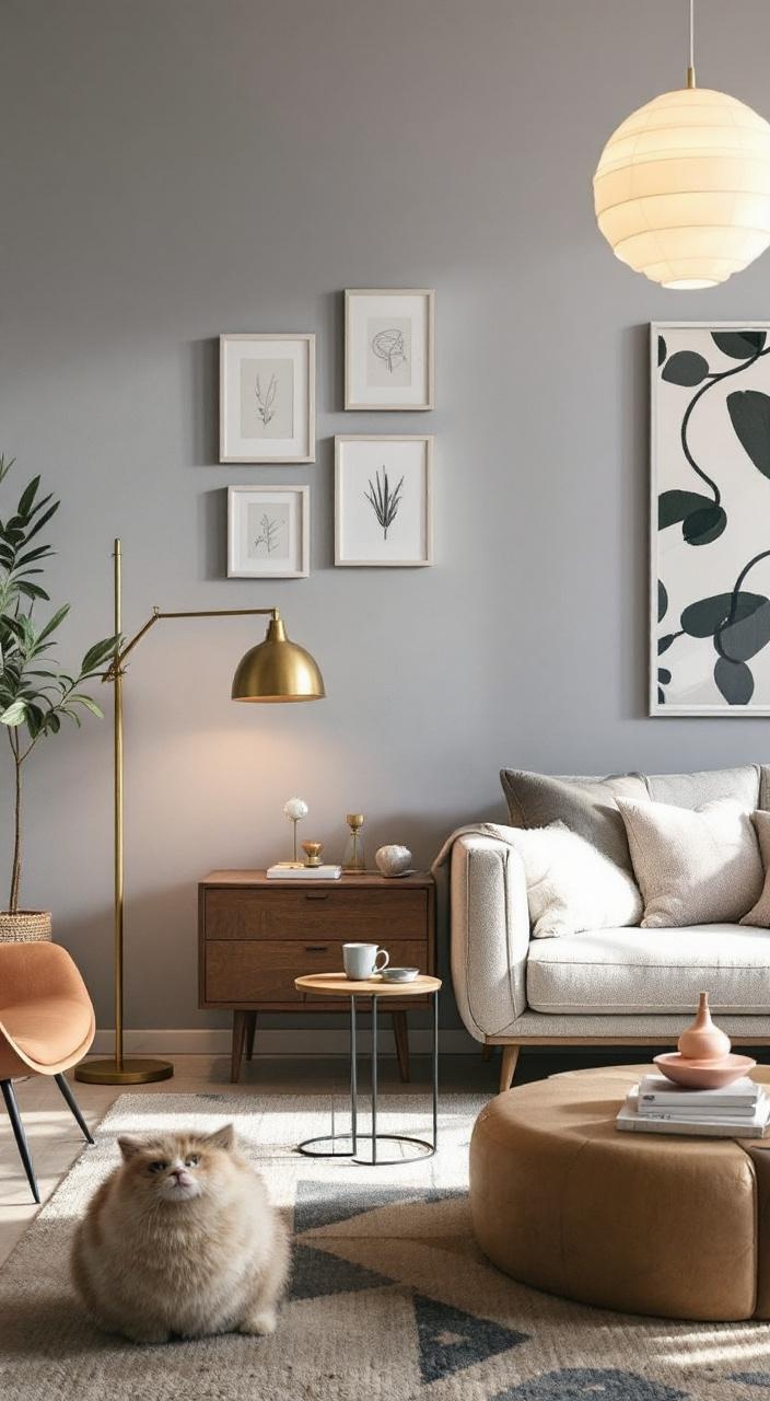 Mid-century modern furniture including an Eames chair and Noguchi table, showcasing bold colors and shapes.