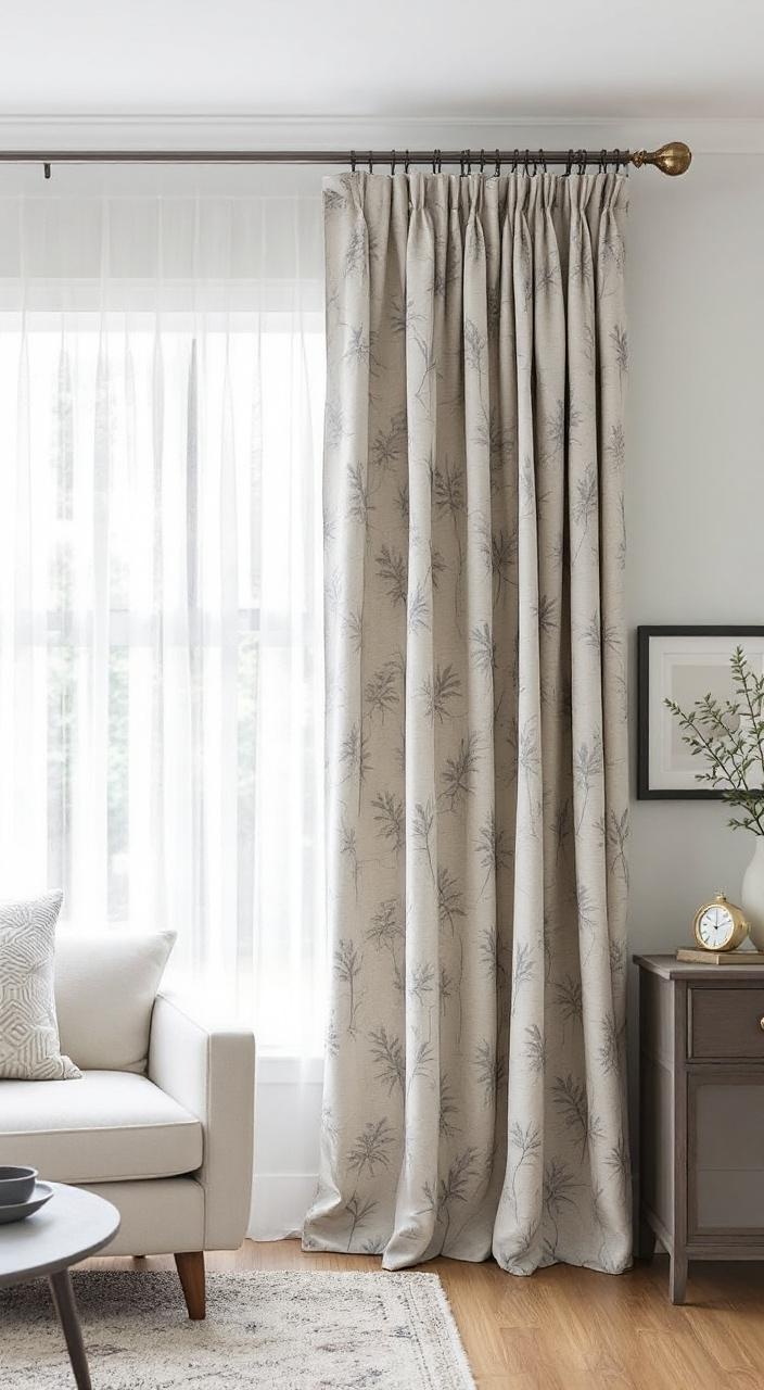 A stylish living room featuring unique curtain hardware, including ornate finials and modern rods.