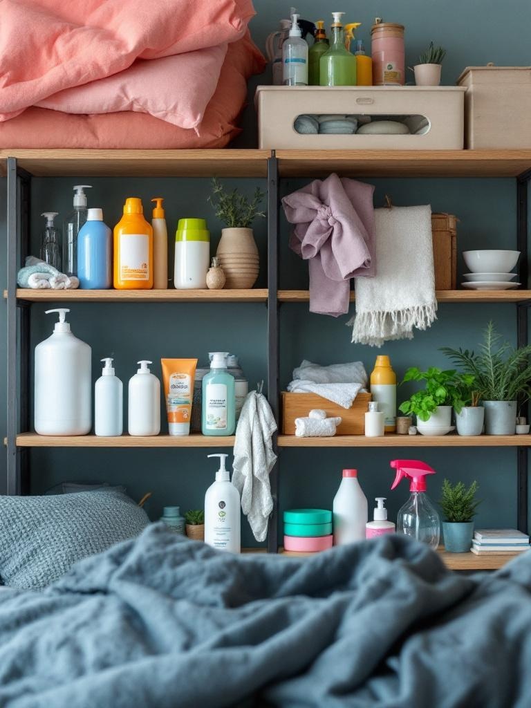 A student packing essential items for the new semester, including toiletries, kitchen supplies, and cleaning products.