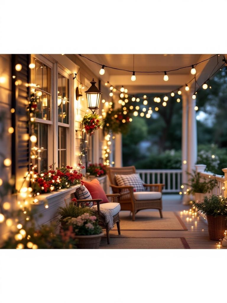 String lights in red, white, and blue adorn a cozy porch, creating a festive atmosphere for gatherings.