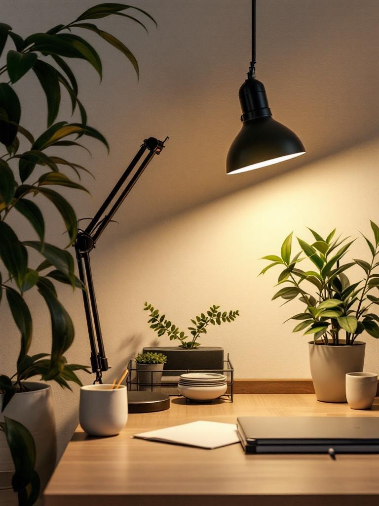 A well-lit home office featuring ambient and task lighting, including stylish desk and floor lamps.