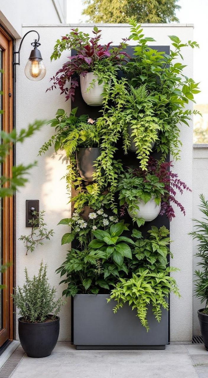 Vertical planters with trailing plants enhance a poolside area, saving space and adding vibrant greenery.