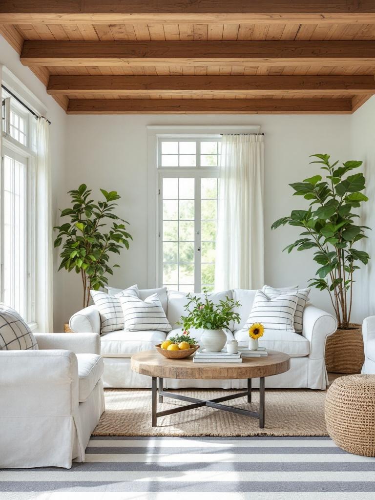 A warm living room featuring striped upholstery and checked rugs, embodying breezy farmhouse charm.