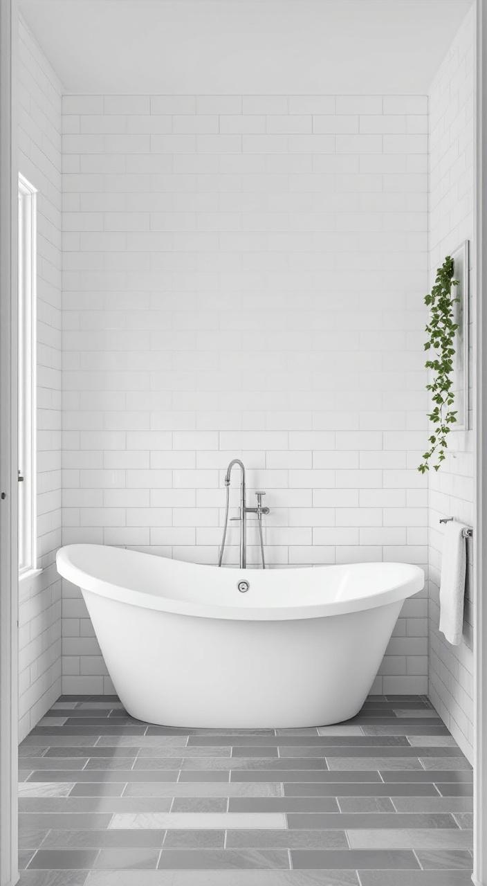 Modern bathroom featuring glossy white subway tiles arranged in a herringbone pattern with bold grout.