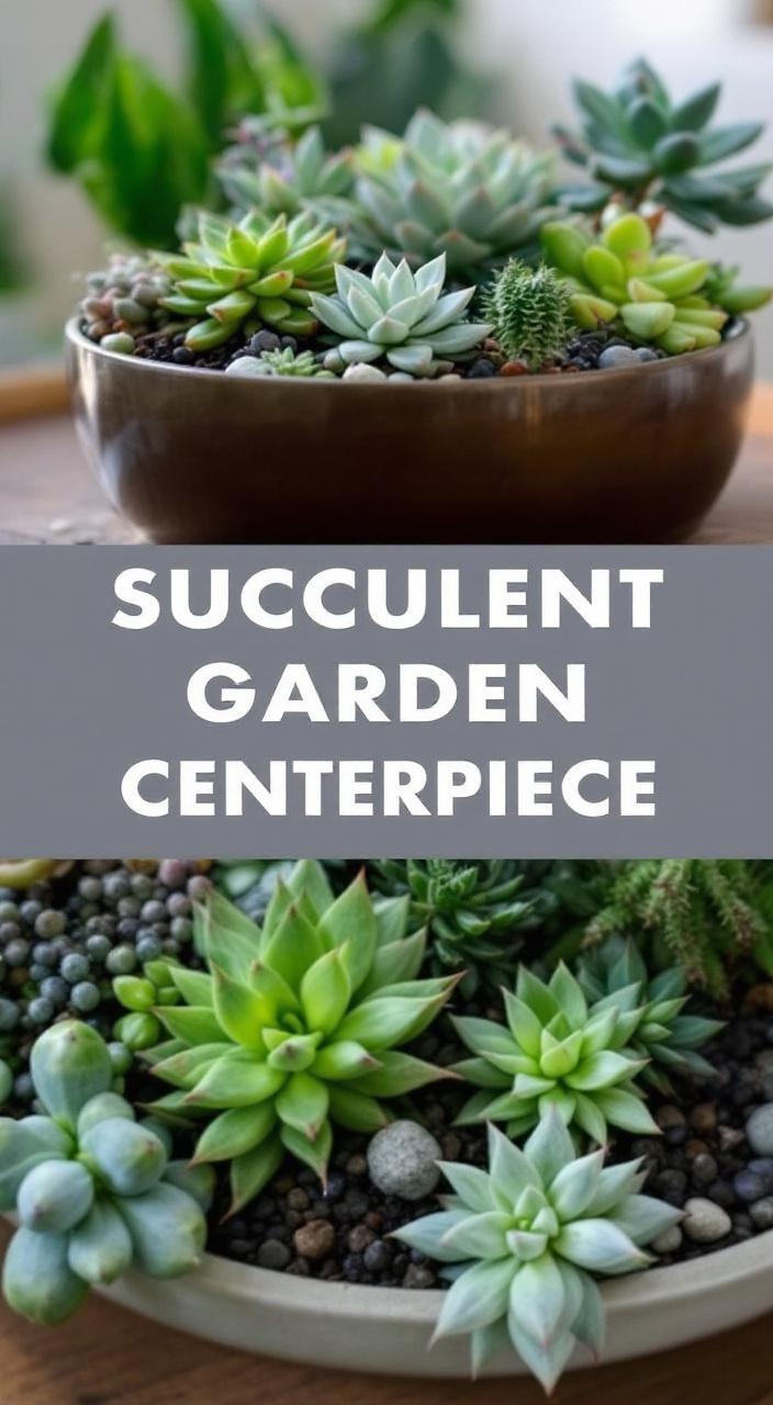 A stylish succulent garden centerpiece in a shallow dish, featuring various-sized succulents.