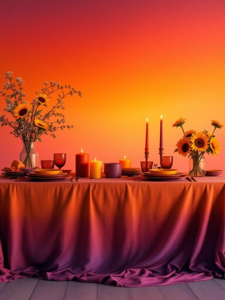 A sunset gradient tablescape with orange to purple tablecloth, candles, and cheerful flower vases.