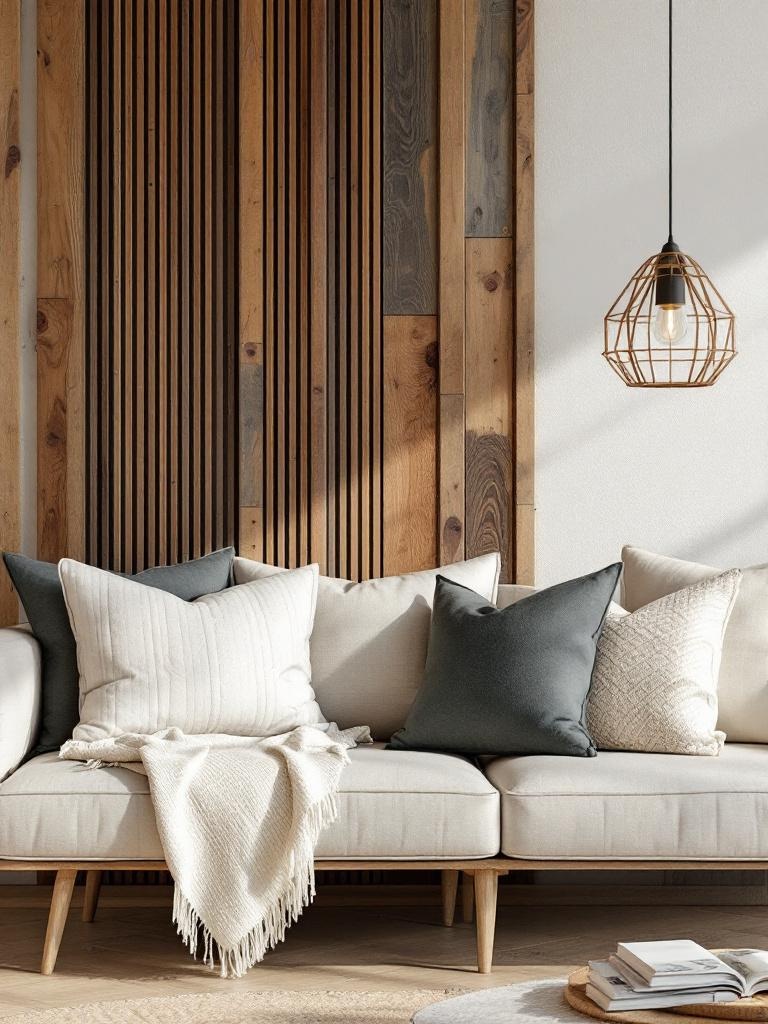 Home interior featuring sustainable decor with reclaimed wood, bamboo, and recycled textiles. Eco-friendly design.